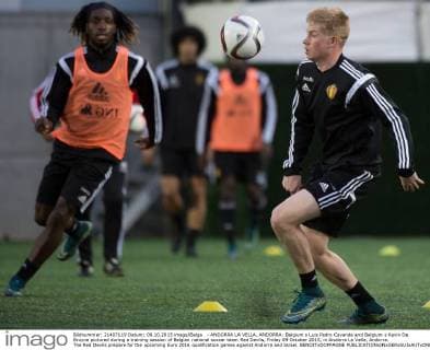 - ANDORRA LA VELLA, ANDORRA: Belgium s Luis Pedro Cavanda and Belgium s Kevin De Bruyne pictured during a training session of Belgian national soccer team Red Devils, Friday 09 October 2015, in Andorra La Vella, Andorra. The Red Devils prepare for the upcoming Euro 2016 qualification games against Andorra and Israel. BENOITxDOPPAGNE  x04717453x