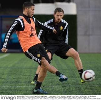 - ANDORRA LA VELLA, ANDORRA: Belgium s Eden Hazard and Belgium s Jan Vertonghen pictured during a training session of Belgian national soccer team Red Devils, Friday 09 October 2015, in Andorra La Vella, Andorra. The Red Devils prepare for the upcoming Euro 2016 qualification games against Andorra and Israel. BENOITxDOPPAGNE  x04717456x