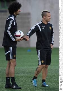- ANDORRA LA VELLA, ANDORRA: Belgium s Marouane Fellaini and Belgium s Radja Nainggolan pictured during a training session of Belgian national soccer team Red Devils, Friday 09 October 2015, in Andorra La Vella, Andorra. The Red Devils prepare for the upcoming Euro 2016 qualification games against Andorra and Israel. BENOITxDOPPAGNE  x04717440x
