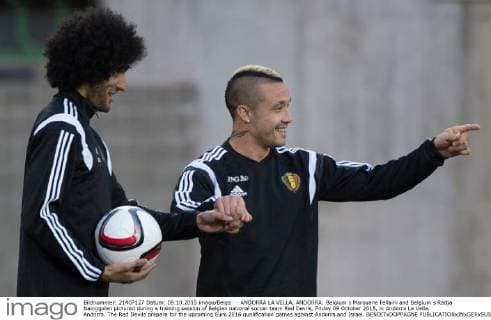- ANDORRA LA VELLA, ANDORRA: Belgium s Marouane Fellaini and Belgium s Radja Nainggolan pictured during a training session of Belgian national soccer team Red Devils, Friday 09 October 2015, in Andorra La Vella, Andorra. The Red Devils prepare for the upcoming Euro 2016 qualification games against Andorra and Israel. BENOITxDOPPAGNE  x04717441x
