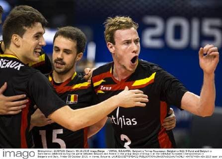 - VARNA, BULGARIA: Belgium s Tomas Rousseaux, Belgium s Stijn D Hulst and Belgium s Sam Deroo celebrate during the game between Belgium and Poland in the group stage of Group C at the Volleybal European Championships in Bulgaria and Italy, Friday 09 October 2015, in Varna, Bulgaria. LAURIExDIEFFEMBACQ  x04717469x
