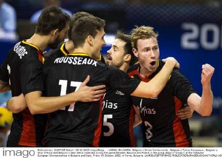 - VARNA, BULGARIA: Belgium s Simon Vandevoorde , Belgium s Tomas Rousseaux , Belgium s Stijn D Hulst and Belgium s Sam Deroo celebrate during the game between Belgium and Poland in the group stage of Group C at the Volleybal European Championships in Bulgaria and Italy, Friday 09 October 2015, in Varna, Bulgaria. LAURIExDIEFFEMBACQ  x04717474x