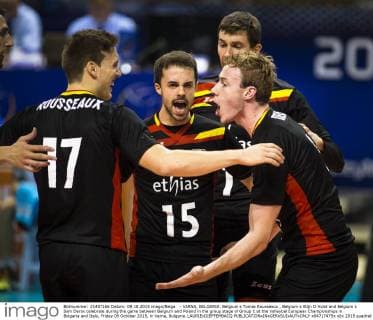 - VARNA, BULGARIA: Belgium s Tomas Rousseaux , Belgium s Stijn D Hulst and Belgium s Sam Deroo celebrate during the game between Belgium and Poland in the group stage of Group C at the Volleybal European Championships in Bulgaria and Italy, Friday 09 October 2015, in Varna, Bulgaria. LAURIExDIEFFEMBACQ  x04717475x