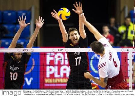 - VARNA, BULGARIA: Belgium s Simon Van De Voorde, Belgium s Tomas Rousseaux and Poland s Bartosz Kurek pictured in action during the game between Belgium and Poland in the group stage of Group C at the Volleybal European Championships in Bulgaria and Italy, Friday 09 October 2015, in Varna, Bulgaria. LAURIExDIEFFEMBACQ  x04717480x
