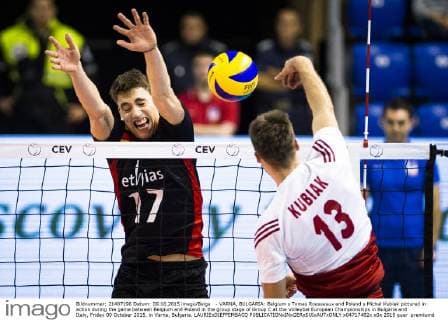 - VARNA, BULGARIA: Belgium s Tomas Rousseaux and Poland s Michal Kubiak pictured in action during the game between Belgium and Poland in the group stage of Group C at the Volleybal European Championships in Bulgaria and Italy, Friday 09 October 2015, in Varna, Bulgaria. LAURIExDIEFFEMBACQ  x04717482x