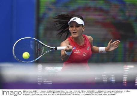 BEIJING, CHINA - OCTOBER 09: (CHINA OUT) Agnieszka Radwanska of Poland returns a shot against Angelique Kerber of Germany during the day seven of the 2015 China Open at the China National Tennis Center on October 9, 2015 in Beijing, China.  CFP474114009 