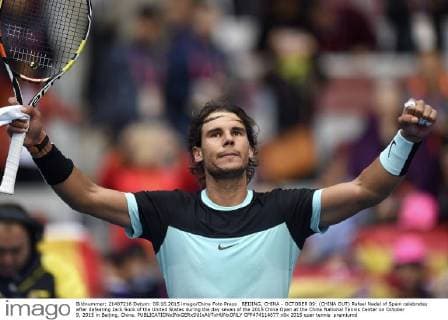 BEIJING, CHINA - OCTOBER 09: (CHINA OUT) Rafael Nadal of Spain celebrates after defeating Jack Sock of the United States during the day seven of the 2015 China Open at the China National Tennis Center on October 9, 2015 in Beijing, China.  CFP474114677 