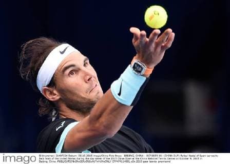 BEIJING, CHINA - OCTOBER 09: (CHINA OUT) Rafael Nadal of Spain serves to Jack Sock of the United States during the day seven of the 2015 China Open at the China National Tennis Center on October 9, 2015 in Beijing, China.  CFP474114691 