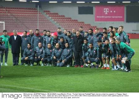 Turkish National Football Team players a training session in Prague, Czech Republic, on October 09, 2015. Tukey will face Czech Republic in the UEFA EURO EM Europameisterschaft Fussball 2016 qualifying soccer match on October 10, 2015. 
