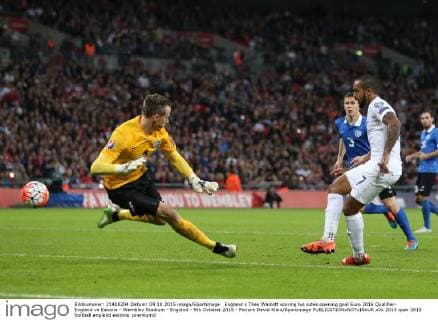 England s Theo Walcott scoring his sides opening goal Euro 2016 Qualifier- England vs Estonia - Wembley Stadium - England - 9th October 2015 - Picture David Klein Sportimage EDITORIAL USE ONLY. No use with unauthorised audio, video, data, fixture lists, club league logos or live services. Online in-match use limited to 120 images, no video emulation. No use in betting, games or single club league player publications.