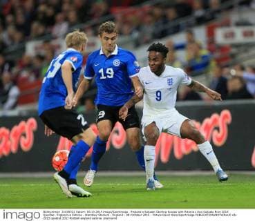 England s Raheem Sterling tussles with Estonia s Ken Kallaste Euro 2016 Qualifier- England vs Estonia - Wembley Stadium - England - 9th October 2015 - Picture David Klein Sportimage EDITORIAL USE ONLY. No use with unauthorised audio, video, data, fixture lists, club league logos or live services. Online in-match use limited to 120 images, no video emulation. No use in betting, games or single club league player publications.