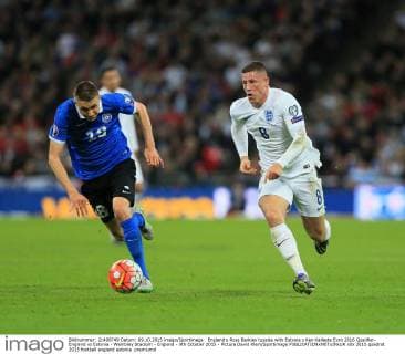England s Ross Barkley tussles with Estonia s Ken Kallaste Euro 2016 Qualifier- England vs Estonia - Wembley Stadium - England - 9th October 2015 - Picture David Klein Sportimage EDITORIAL USE ONLY. No use with unauthorised audio, video, data, fixture lists, club league logos or live services. Online in-match use limited to 120 images, no video emulation. No use in betting, games or single club league player publications.