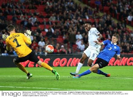 England s Raheem Sterling scoring his sides second goal Euro 2016 Qualifier- England vs Estonia - Wembley Stadium - England - 9th October 2015 - Picture David Klein Sportimage EDITORIAL USE ONLY. No use with unauthorised audio, video, data, fixture lists, club league logos or live services. Online in-match use limited to 120 images, no video emulation. No use in betting, games or single club league player publications.