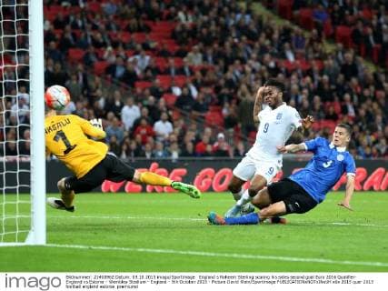 England s Raheem Sterling scoring his sides second goal Euro 2016 Qualifier- England vs Estonia - Wembley Stadium - England - 9th October 2015 - Picture David Klein Sportimage EDITORIAL USE ONLY. No use with unauthorised audio, video, data, fixture lists, club league logos or live services. Online in-match use limited to 120 images, no video emulation. No use in betting, games or single club league player publications.