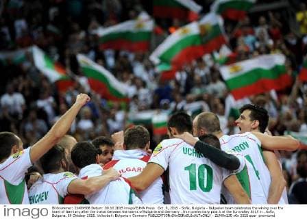 Oct. 9, 2015 - Sofia, Bulgaria - Bulgarian team celebrates the wining over the team of Germany after the match between the teams of Bulgaria and Germany ..from preliminary pool A at the Eurovolley 2015 in ..Sofia, Bulgaria, 09 Oktober 2015. Volleyball: Bulgaria v Germany  - ZUMAn230