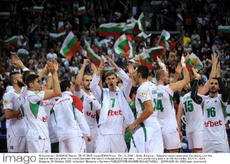 Oct. 9, 2015 - Sofia, Bulgaria - Bulgarian team celebrates the wining over the team of Germany after the match between the teams of Bulgaria and Germany ..from preliminary pool A at the Eurovolley 2015 in ..Sofia, Bulgaria, 09 Oktober 2015. Volleyball: Bulgaria v Germany  - ZUMAn230
