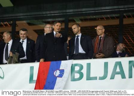 SOCCER - UEFA EURO EM Europameisterschaft Fussball 2016 quali, SLO vs LTU LJUBLJANA,SLOVENIA,09.OCT.15 - SOCCER - UEFA European Championship EM Europameisterschaft 2016, European Qualifiers, international match Länderspiel Slovenia vs Lithuania. Image shows president Borut Pahor (SLO) and president Aleksander Ceferin (NZS). GEPAxpictures xMaticxKlansek