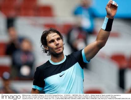(151010) -- BEIJING, Oct. 10, 2015 -- Rafael Nadal of Spain greets the spectators afer the men s singles semifinal of China Open Tennis Tournament against Fabio Fognini of Italy at the National Tennis Center in Beijing, capital of China, Oct. 10, 2015. Nadal won 2-0. ) (SP)CHINA-BEIJING-TENNIS-CHINA OPEN-MEN S SINGLES (CN) WangxLili 
