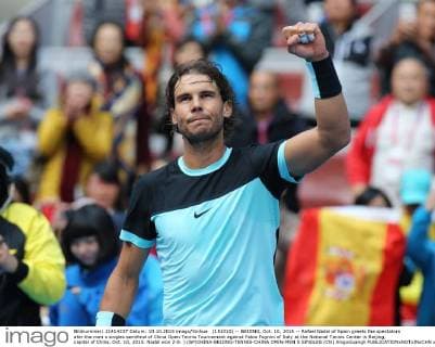 (151010) -- BEIJING, Oct. 10, 2015 -- Rafael Nadal of Spain greets the spectators afer the men s singles semifinal of China Open Tennis Tournament against Fabio Fognini of Italy at the National Tennis Center in Beijing, capital of China, Oct. 10, 2015. Nadal won 2-0. ) (SP)CHINA-BEIJING-TENNIS-CHINA OPEN-MEN S SINGLES (CN) XingxGuangli 
