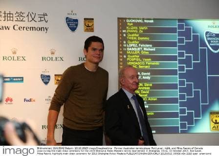 Former Australian tennis player Rod Laver, right, and Milos Raonic of Canada pose during the main draw ceremony for the 2015 Shanghai Rolex Masters tennis tournament in Shanghai, China, 10 October 2015. Rod Laver, Milos Raonic highlight main draw ceremony for 2015 Shanghai Rolex Masters  20151010_08806