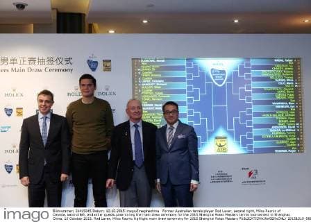 Former Australian tennis player Rod Laver, second right, Milos Raonic of Canada, second left, and other guests pose during the main draw ceremony for the 2015 Shanghai Rolex Masters tennis tournament in Shanghai, China, 10 October 2015. Rod Laver, Milos Raonic highlight main draw ceremony for 2015 Shanghai Rolex Masters  20151010_08806