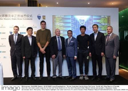 Former Australian tennis player Rod Laver, fourth left, Milos Raonic of Canada, third left, and other guests pose during the main draw ceremony for the 2015 Shanghai Rolex Masters tennis tournament in Shanghai, China, 10 October 2015. Rod Laver, Milos Raonic highlight main draw ceremony for 2015 Shanghai Rolex Masters  20151010_08806