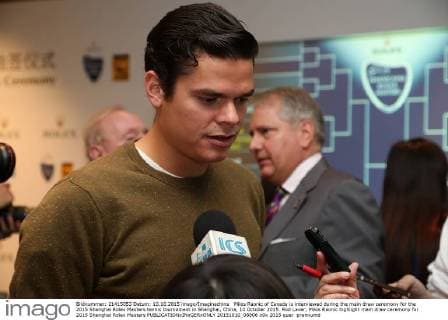 Milos Raonic of Canada is interviewed during the main draw ceremony for the 2015 Shanghai Rolex Masters tennis tournament in Shanghai, China, 10 October 2015. Rod Laver, Milos Raonic highlight main draw ceremony for 2015 Shanghai Rolex Masters  20151010_08806
