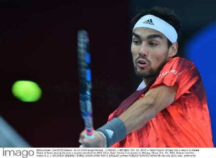 (151010) -- BEIJING, Oct. 10, 2015 -- Fabio Fognini of Italy hits a return to Rafael Nadal of Spain during the men s singles semifinal at 2015 China Open Tennis Tournament in Beijing, China, Oct. 10, 2015. Fognini lost the match 0-2. ) (SP)CHINA-BEIJING-TENNIS-CHINA OPEN-MEN S SINGLES LixWen 