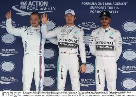 Motorsports: FIA Formula One World Championship WM Weltmeisterschaft 2015, Grand Prix of Russia, 77 Valtteri Bottas (FIN, Williams Martini Racing), 6 Nico Rosberg (GER, Mercedes AMG Petronas Formula One Team), 44 Lewis Hamilton (GBR, Mercedes AMG Petronas Formula One Team), xHOCHxZWEIx