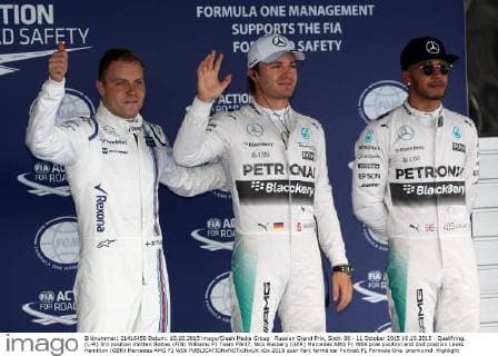 Russian Grand Prix, Sochi 08 - 11 October 2015 10.10.2015 - Qualifying, (L-R) 3rd position Valtteri Bottas (FIN) Williams F1 Team FW37, Nico Rosberg (GER) Mercedes AMG F1 W06 pole position and 2nd position Lewis Hamilton (GBR) Mercedes AMG F1 W06 