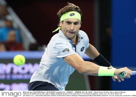 (151010) -- BEIJING, Oct. 10, 2015 -- David Ferrer of Spain hits a return to Novak Djokovic of Serbia during their men s singles semifinal at 2015 China Open Tennis Tournament in Beijing, China, Oct. 10, 2015. Ferrer lost the match 0-2. ) (SP)CHINA-BEIJING-TENNIS-CHINA OPEN-MEN S SINGLES XingxGuangli 
