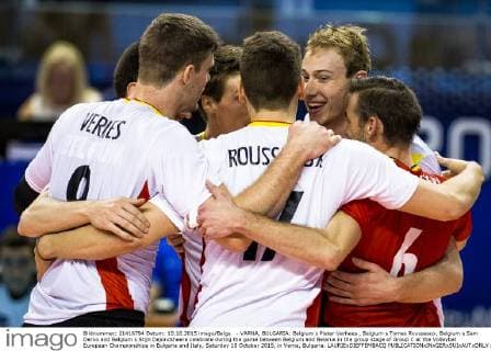 - VARNA, BULGARIA: Belgium s Pieter Verhees , Belgium s Tomas Rousseaux, Belgium s Sam Deroo and Belgium s Stijn Dejonckheere celebrate during the game between Belgium and Belarus in the group stage of Group C at the Volleybal European Championships in Bulgaria and Italy, Saturday 10 October 2015, in Varna, Bulgaria. LAURIExDIEFFEMBACQ  x04717777x
