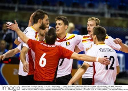 - VARNA, BULGARIA: Belgium s Stijn Dejonckheere, Belgium s Gert Van Walle, Belgium s Tomas Rousseaux , Belgium s Simon Vandevoorde and Belgium s Sam Deroo celebrate during the game between Belgium and Belarus in the group stage of Group C at the Volleybal European Championships in Bulgaria and Italy, Saturday 10 October 2015, in Varna, Bulgaria. LAURIExDIEFFEMBACQ  x04717776x