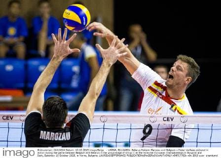 - VARNA, BULGARIA: Belarus Maksim Marozau and Belgium s Pieter Verhees pictured in action during the game between Belgium and Belarus in the group stage of Group C at the Volleybal European Championships in Bulgaria and Italy, Saturday 10 October 2015, in Varna, Bulgaria. LAURIExDIEFFEMBACQ  x04717783x