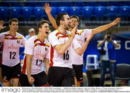 - VARNA, BULGARIA: Belgium s Gert Van Walle, Belgium s Tomas Rousseaux, Belgium s Matthias Valkiers and Belgium s Pieter Coolman celebrate after winning the game between Belgium and Belarus in the group stage of Group C at the Volleybal European Championships in Bulgaria and Italy, Saturday 10 October 2015, in Varna, Bulgaria. LAURIExDIEFFEMBACQ  x04717824x