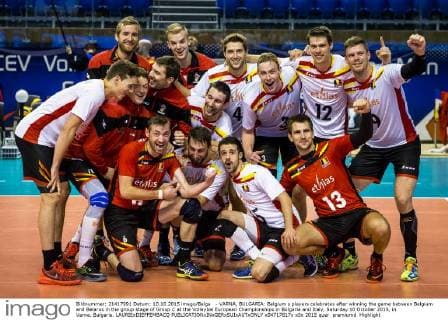 - VARNA, BULGARIA: Belgium s players celebrates after winning the game between Belgium and Belarus in the group stage of Group C at the Volleybal European Championships in Bulgaria and Italy, Saturday 10 October 2015, in Varna, Bulgaria. LAURIExDIEFFEMBACQ  x04717817x