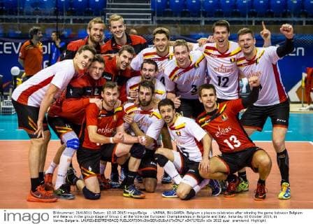 - VARNA, BULGARIA: Belgium s players celebrates after winning the game between Belgium and Belarus in the group stage of Group C at the Volleybal European Championships in Bulgaria and Italy, Saturday 10 October 2015, in Varna, Bulgaria. LAURIExDIEFFEMBACQ  x04717818x