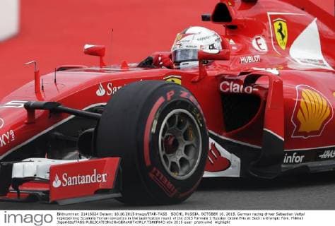 SOCHI, RUSSIA. OCTOBER 10, 2015. German racing driver Sebastian Vettel representing Scuderia Ferrari competes in the qualification round of the 2015 Formula 1 Russian Grand Prix at Sochi s Olympic Park. Mikhail Japaridze TASS  TS00F84D