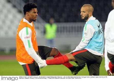 10.10.2015 Belgrade(Serbia) Portugal men s football team training at FK Partizan stadium Eliseu(L) and Andre Andre(r) : 