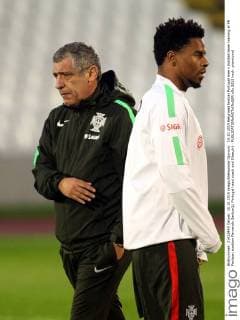 10.10.2015 Belgrade(Serbia) Portugal men s football team training at FK Partizan stadium Fernando Santos(L) Portugal head coach and Eliseu(r) : 