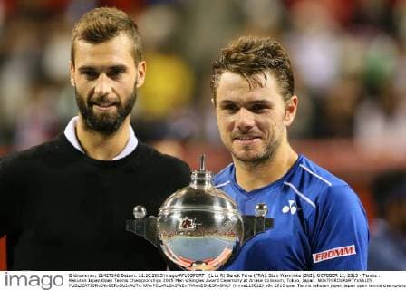(L to R) Benoit Paire (FRA), Stan Wawrinka (SUI), OCTOBER 11, 2015 - Tennis : Rakuten Japan Open Tennis Championships 2015 Men s Singles Award Ceremony at Ariake Coliseum, Tokyo, Japan. NOxTHIRDxPARTYxSALES.  (mrva115012)