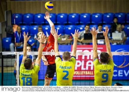 - VARNA, BULGARIA: Slovenia s Klemen Cebulj, Slovenia s Alen Pajenk, Slovenia s Dejan Vincic and Belgium s Gert Van Walle pictured in action during the game between Belgium and Slovania in the group stage of Group C at the Volleybal European Championships in Bulgaria and Italy, Sunday 11 October 2015, in Varna, Bulgaria. LAURIExDIEFFEMBACQ  x04718449x