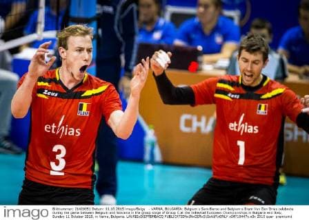 - VARNA, BULGARIA: Belgium s Sam Deroo and Belgium s Bram Van Den Dries celebrate during the game between Belgium and Slovania in the group stage of Group C at the Volleybal European Championships in Bulgaria and Italy, Sunday 11 October 2015, in Varna, Bulgaria. LAURIExDIEFFEMBACQ  x04718447x