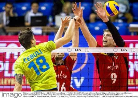 - VARNA, BULGARIA: Slovenia s Klemen Cebulj, Belgium s Matthias Valkiers and Belgium s Pieter Verhees pictured in action during the game between Belgium and Slovania in the group stage of Group C at the Volleybal European Championships in Bulgaria and Italy, Sunday 11 October 2015, in Varna, Bulgaria. LAURIExDIEFFEMBACQ  x04718450x