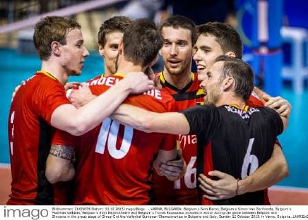 - VARNA, BULGARIA: Belgium s Sam Deroo, Belgium s Simon Van De Voorde, Belgium s Matthias Valkiers, Belgium s Stijn Dejonckheere and Belgium s Tomas Rousseaux pictured in action during the game between Belgium and Slovania in the group stage of Group C at the Volleybal European Championships in Bulgaria and Italy, Sunday 11 October 2015, in Varna, Bulgaria. LAURIExDIEFFEMBACQ  x04718454x