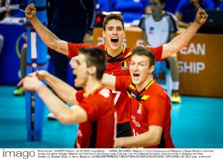 - VARNA, BULGARIA: Belgium s Tomas Rousseaux and Belgium s Seppe Baetens celebrate during the game between Belgium and Slovania in the group stage of Group C at the Volleybal European Championships in Bulgaria and Italy, Sunday 11 October 2015, in Varna, Bulgaria. LAURIExDIEFFEMBACQ  x04718456x