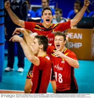 - VARNA, BULGARIA: Belgium s Tomas Rousseaux and Belgium s Seppe Baetens celebrate during the game between Belgium and Slovania in the group stage of Group C at the Volleybal European Championships in Bulgaria and Italy, Sunday 11 October 2015, in Varna, Bulgaria. LAURIExDIEFFEMBACQ  x04718457x