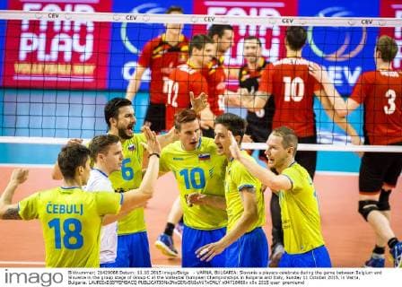 - VARNA, BULGARIA: Slovenia s players celebrate during the game between Belgium and Slovania in the group stage of Group C at the Volleybal European Championships in Bulgaria and Italy, Sunday 11 October 2015, in Varna, Bulgaria. LAURIExDIEFFEMBACQ  x04718460x