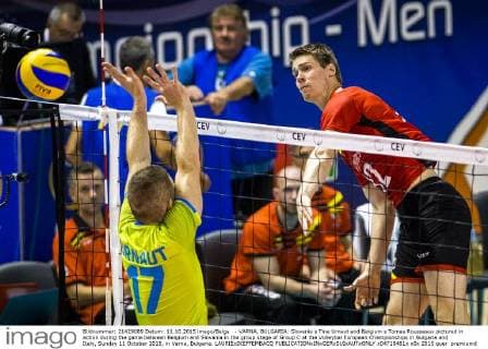 - VARNA, BULGARIA: Slovenia s Tine Urnaut and Belgium s Tomas Rousseaux pictured in action during the game between Belgium and Slovania in the group stage of Group C at the Volleybal European Championships in Bulgaria and Italy, Sunday 11 October 2015, in Varna, Bulgaria. LAURIExDIEFFEMBACQ  x04718461x