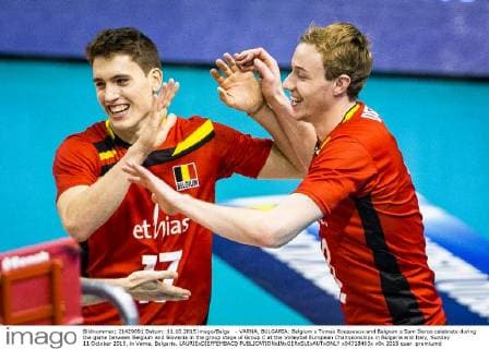 - VARNA, BULGARIA: Belgium s Tomas Rousseaux and Belgium s Sam Deroo celebrate during the game between Belgium and Slovania in the group stage of Group C at the Volleybal European Championships in Bulgaria and Italy, Sunday 11 October 2015, in Varna, Bulgaria. LAURIExDIEFFEMBACQ  x04718463x